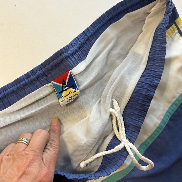 Vtg Catalina  Mens Swim Shorts 36 Blue Striped Drawstring Pockets Swimwear Beach - Picture 3 of 6